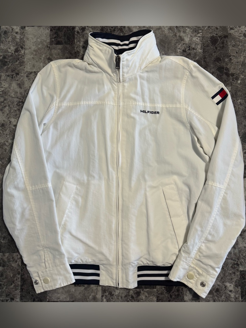 Tommy Hilfiger White Jacket with Navy Trim and Embroidered Logo